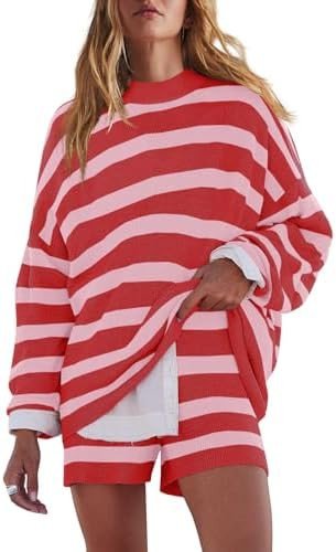 LAMISSCHE Womens Oversized Lounge Sets 2 Piece Outfits Striped Matching Pajama Set Long Sleeve Sw... | Amazon (US)