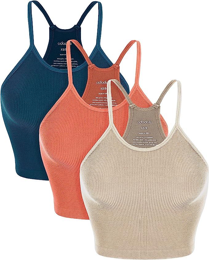 ODODOS Women's Crop 3-Pack Washed Seamless Rib-Knit Camisole Crop Tank Top | Amazon (US)