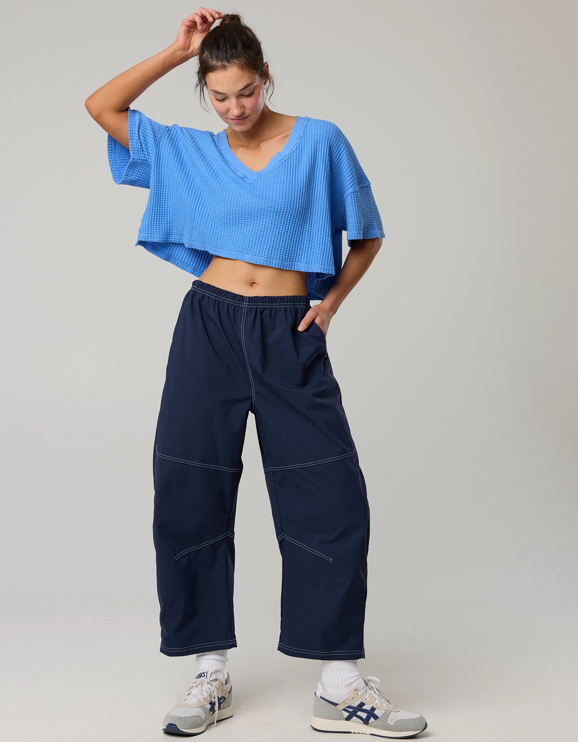 OFFLINE By Aerie Wow! Waffle V Neck Cropped Relaxed Short Sleeve T-Shirt | Aerie