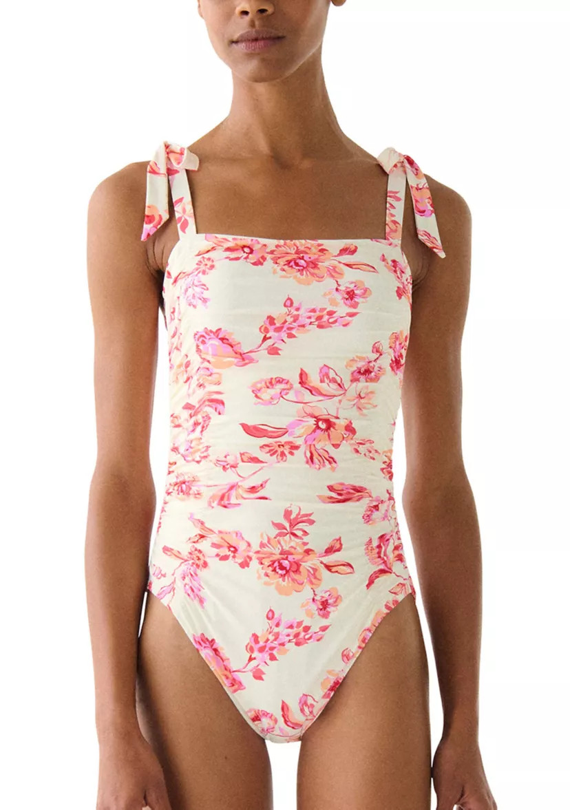 Women's Floral Toile Bow Shoulder Shirred One Piece Swimsuit | Belk