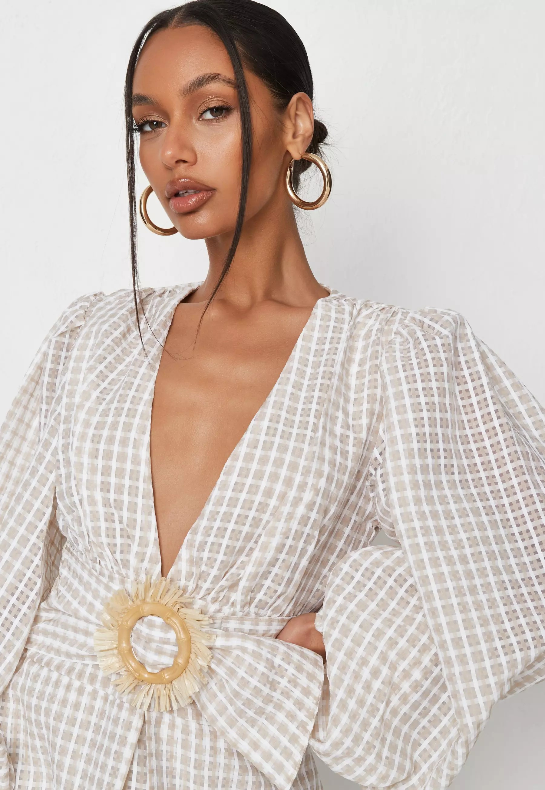 Tall Sand Textured Plaid Organza Belted Mini Dress | Missguided (US & CA)