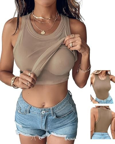 CHICME Women Built-in Bra Tank Tops Sleeveless Casual Shirts Racerback Ribbed Fitted Tank Tops | Amazon (US)