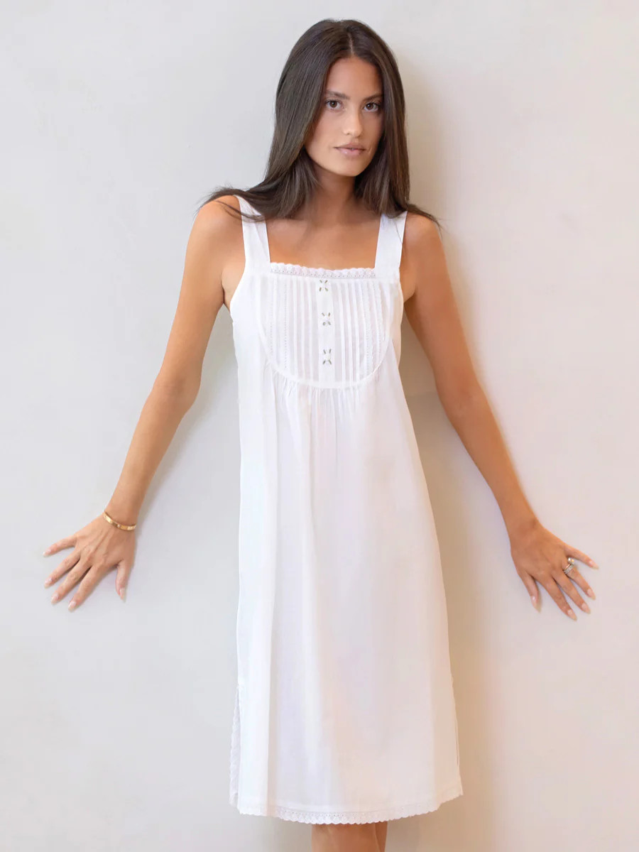 Everly White Cotton Nightgown, Strap Sleeve, Eyelet Lace, Rosebud Embroidery | Jacaranda Living