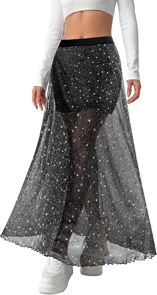 Ezcosplay Women Sheer Mesh Glitter Maxi Skirt Elastic High Waisted A Line Party Clubwear Skirts R... | Amazon (US)