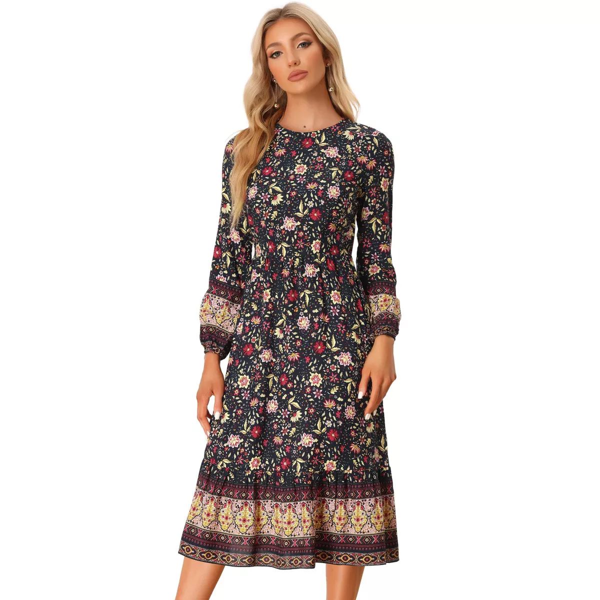 Allegra K Women's Boho Floral Long Sleeves Midi Dress | Target