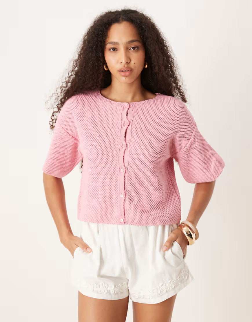 ASOS DESIGN knit short sleeve cardigan in pink | ASOS (Global)