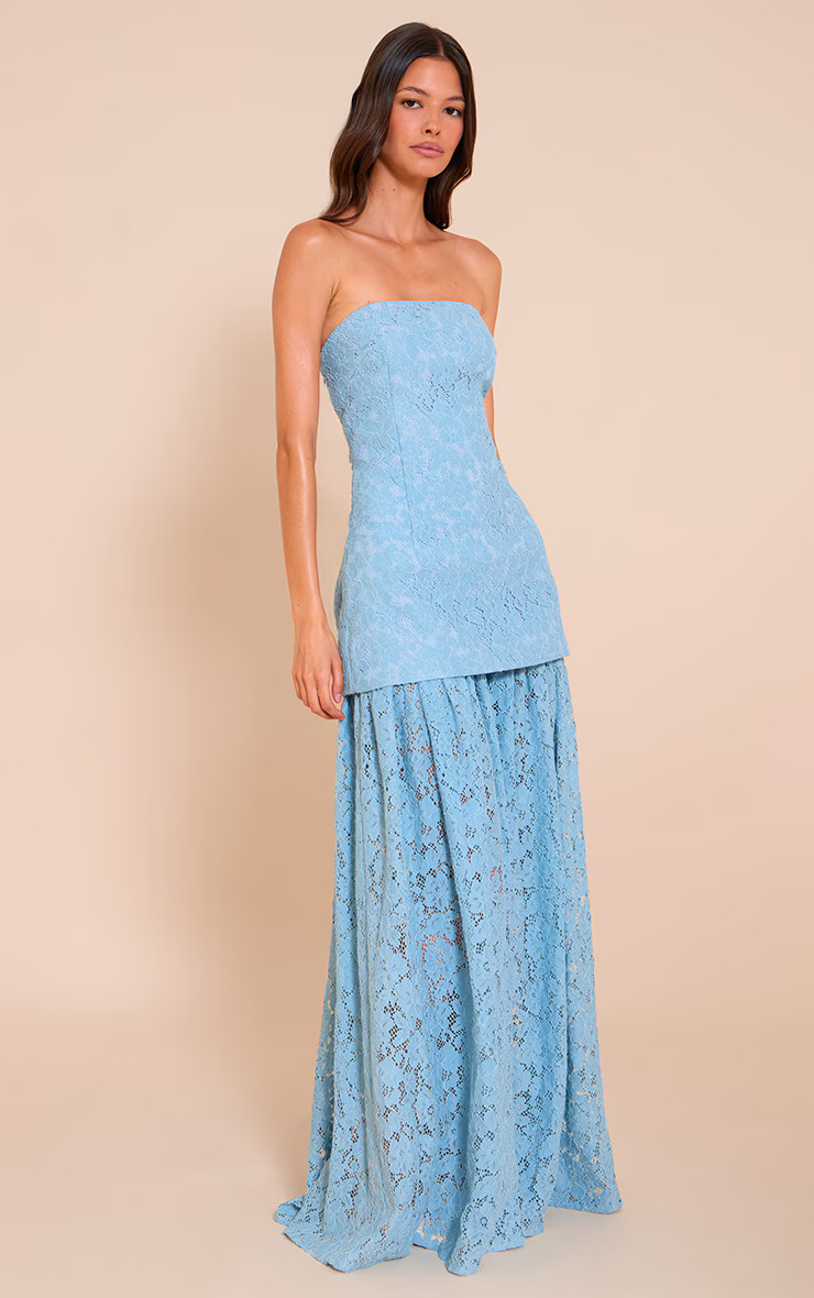 Light Blue Lace Skirt Panel Bandeau Midaxi Dress | Dresses | PrettyLittleThing UK