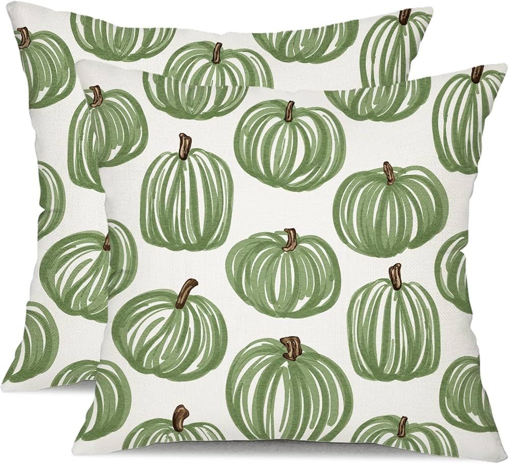 DFXSZ Fall Pillow Covers 18x18 inch Set of 2 Fall Decoration Green Thick Lines Pumpkin Decor Whit... | Amazon (US)