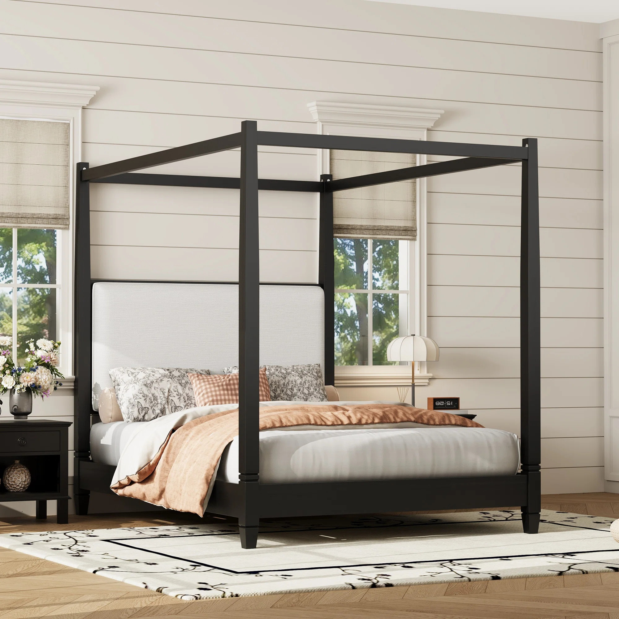 Queen Size Canopy Platform Bed with Upholstered Headboard & Wooden Slats, Black Finish | Wayfair North America