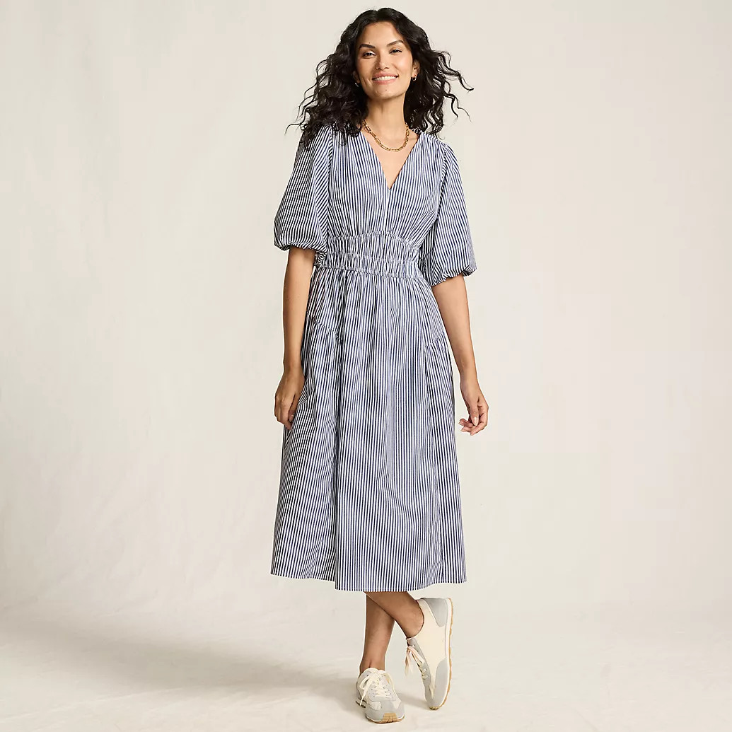 Women's Puff Sleeve Smocked Waist V Neck Dress | Lands' End (US)