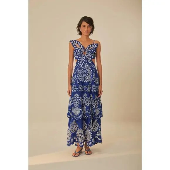 Farm Rio Blue Flower Richelieu Euroflax Premium Linen Midi Dress - XS | Poshmark