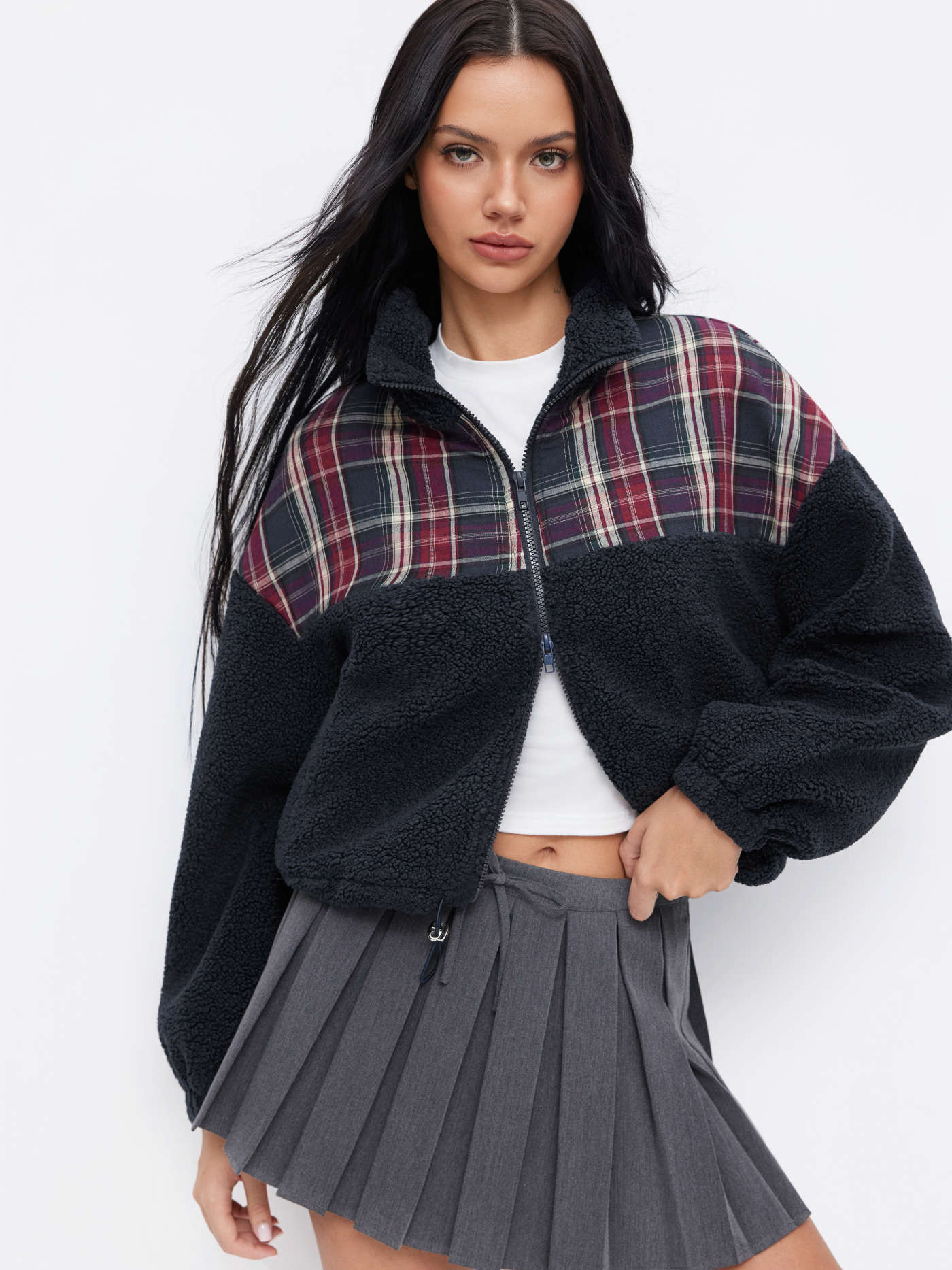 Fleece Plaid Patched Fleece Funnel Neck Drawstring Zip Through Oversized Jacket For Daily Casual | Cider