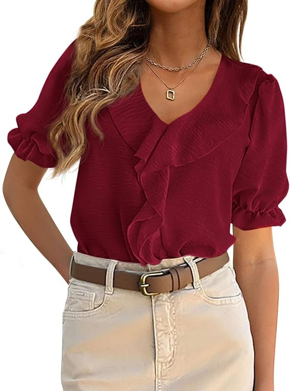 PRETTYGARDEN Womens Blouses, Puff Sleeve V Neck Ruffle Top, Summer 2026, Romantic Feminine, Versa... | Amazon (US)