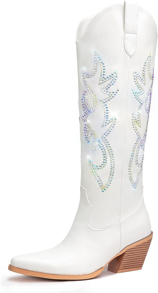 Pasuot Rhinestone Cowboy Boots for Women - Wide Calf Knee High Cowgirl Boots with Side Zipper and... | Amazon (US)