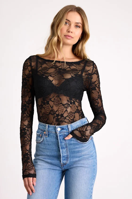 Hunter Black Sheer Lace Long Sleeve Top | Lulus