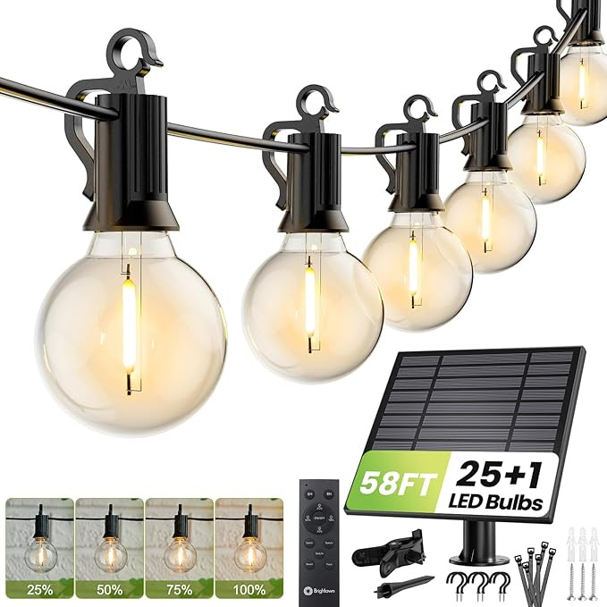 Brightown 58FT Solar String Lights Outdoor with Remote Cable Ties Hooks, 26 LED Shatterproof Bulb... | Amazon (US)