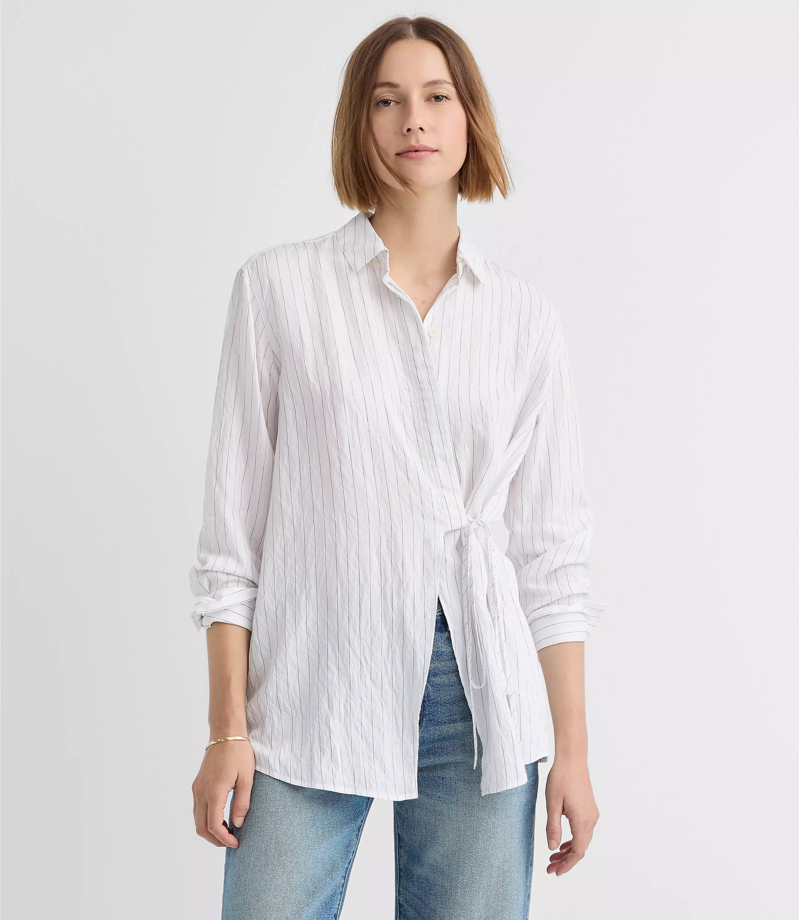 Striped Asymmetrical Side Tie Tunic Shirt | LOFT
