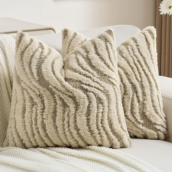 FUTEI Khaki Decorative Throw Pillow Covers 18x18 Inch Set of 2,Soft Faux Fur Geometric Shapes Tex... | Amazon (US)