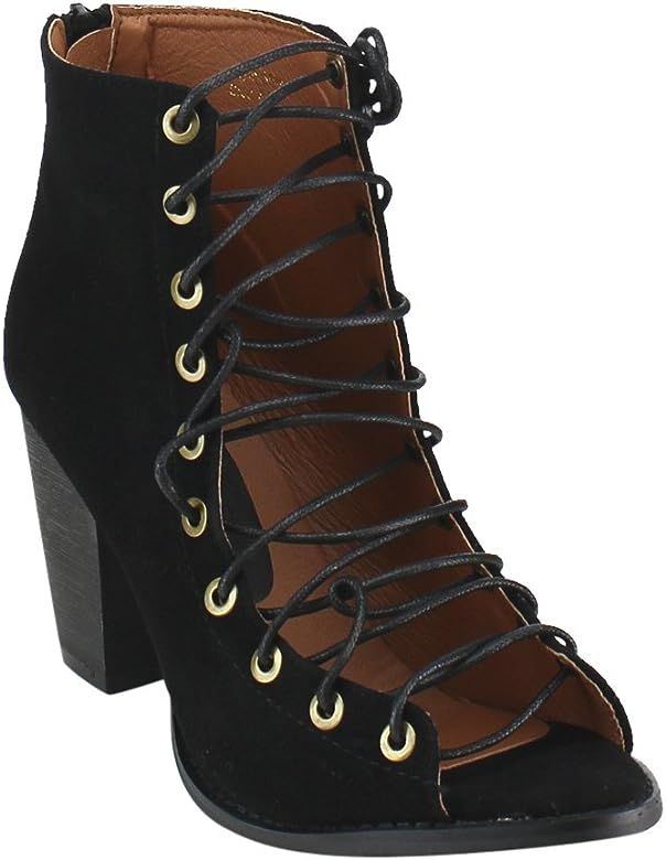 DB27 Women's Lace Up Stacked Heel Peep Toe Ankle Booties Sandals | Amazon (US)
