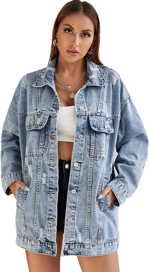 YILANUOYI Women Casual Oversize Denim Jackets Mid Long Vintage Ripped Jean Coats | Amazon (US)