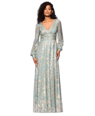 Betsy & Adam Women's Metallic V-Neck Ruched-Waist Gown - Sage/Gold | Macy's