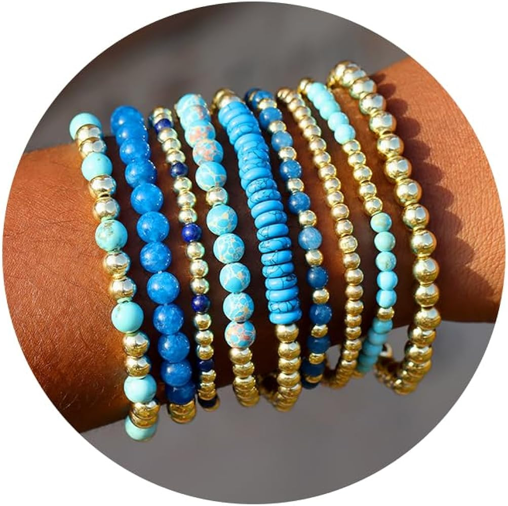 9PCS Gold Bracelets for Women Heart Stone Beaded Bracelets Gold Stretch Bracelets for Women 14K R... | Amazon (US)