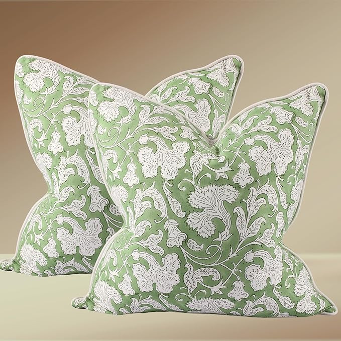 Ridhi Sage Green Block Print Canvas Cotton Throw Pillow Covers for Decorative Couch Pillows for L... | Amazon (US)