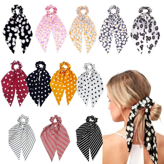 Sunaction 12 Pcs Hair Scarf Hair Scrunchies Satin Silk Chiffon Floral Hair Scarves Ribbon Scrunch... | Amazon (US)
