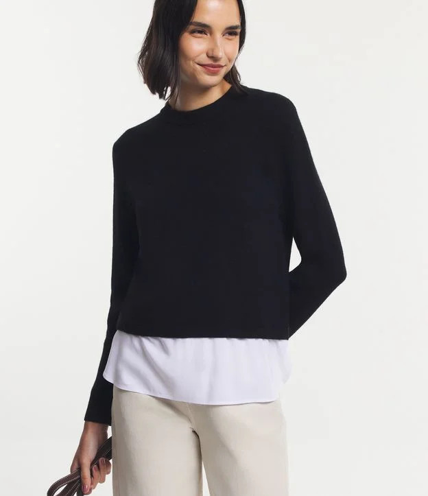 Suéter em Tricô com Barra em Tecido Plano Preto/ Branco | Renner (BR)