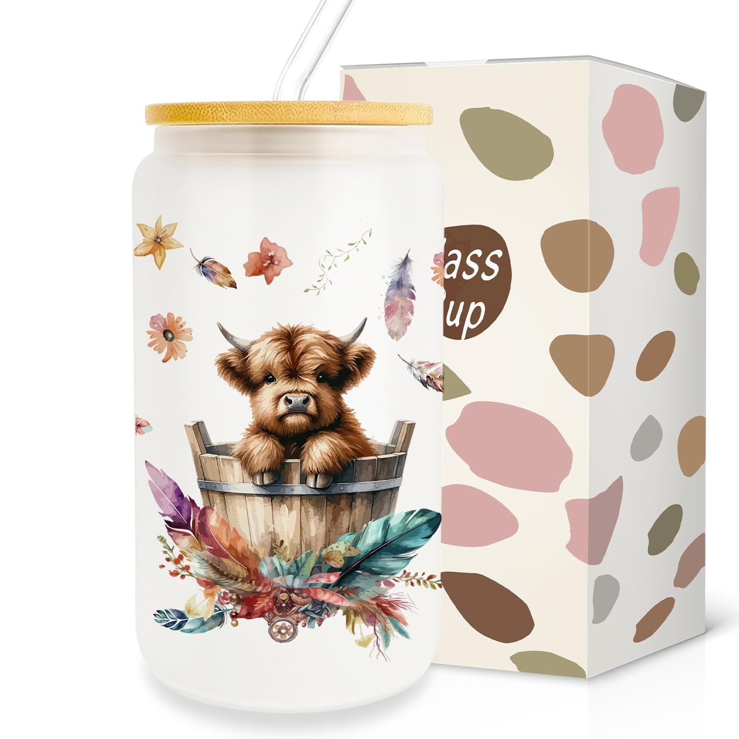 Highland Cow Gifts - 16 oz Glass Cups with Lids and Straws, Iced Coffee Cup Set for Women Cow Lov... | Amazon (US)