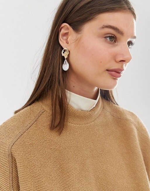 ASOS DESIGN earrings with abstract stud and iridescent pearl drop in gold tone | ASOS US