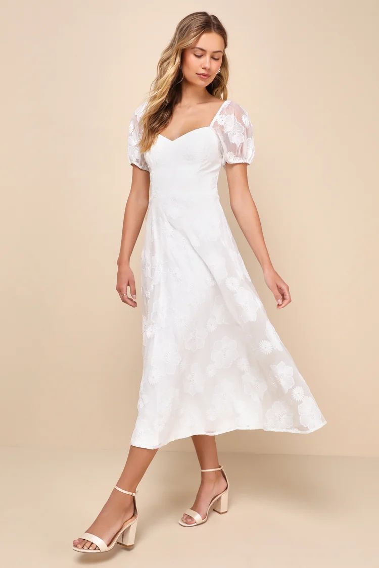 Sweetest Behavior White Embroidered Puff Sleeve Midi Dress | Lulus