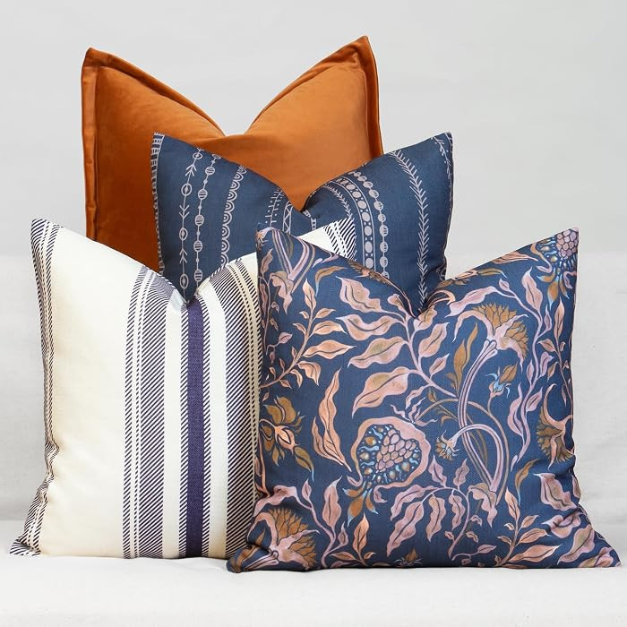 Floral Boho Decorative Throw Pillow Covers, Set of 4, 18x18 Inch Navy Blue Earth Tone Patterned A... | Amazon (US)