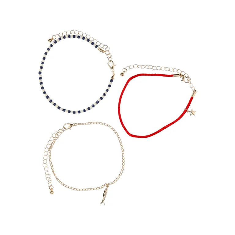 No Boundaries Women's Goldtone and Beaded Anklets, 3-Piece Set | Walmart (US)