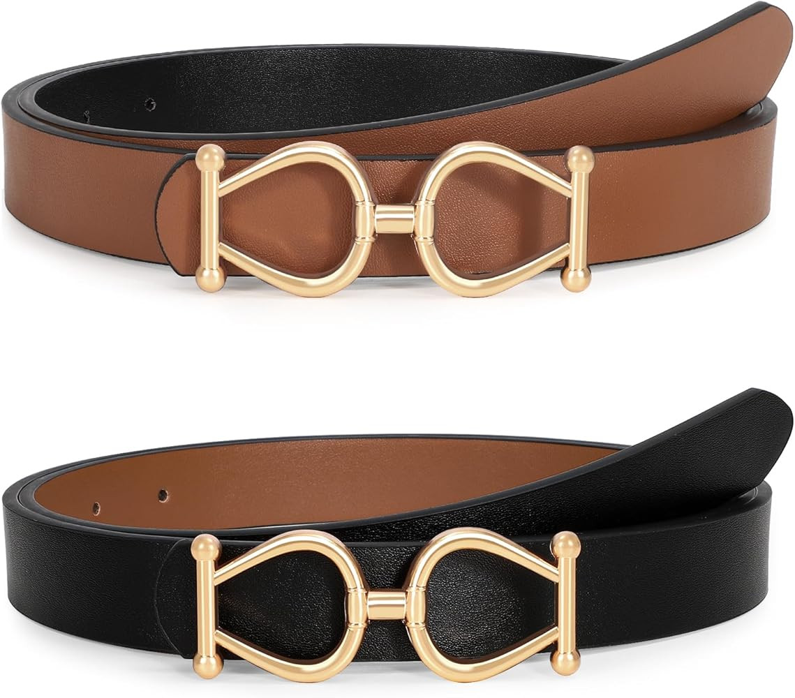 WERFORU Women Reversible Leather Belt for Jeans Pants, Two-in-One Ladies Gold Buckle Black and Br... | Amazon (US)