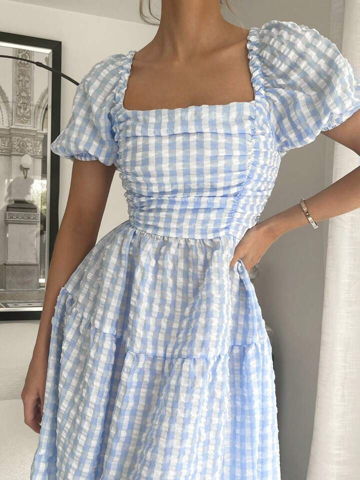 SHEIN Essnce Women's Puff Sleeve Mid-Length Dress, Blue And White Check Hawaiian Dress Flowy Dres... | SHEIN