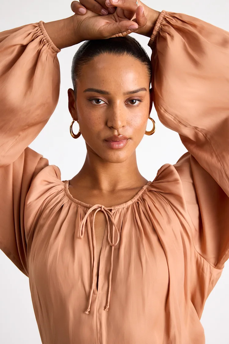 Hestia Tan Gathered Balloon Sleeve Top | Lulus