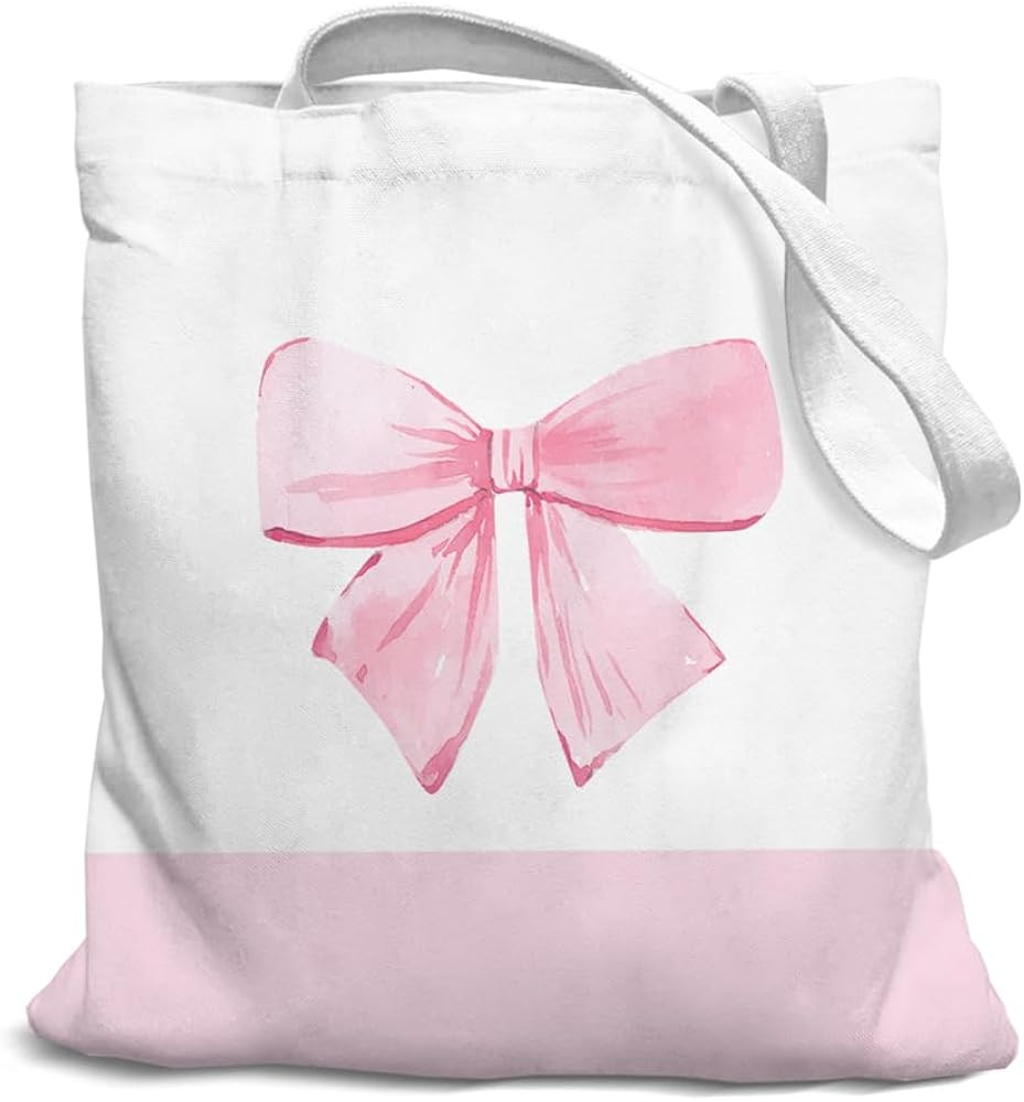 Pink Bow Preppy Canvas Tote Bag, Trendy Reusable Grocery Bags, Back to School for Students, Shopp... | Amazon (US)