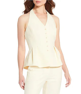 Danielle Stretch Button Front Sleeveless Halter V-Neckline Peplum Vest | Dillard's