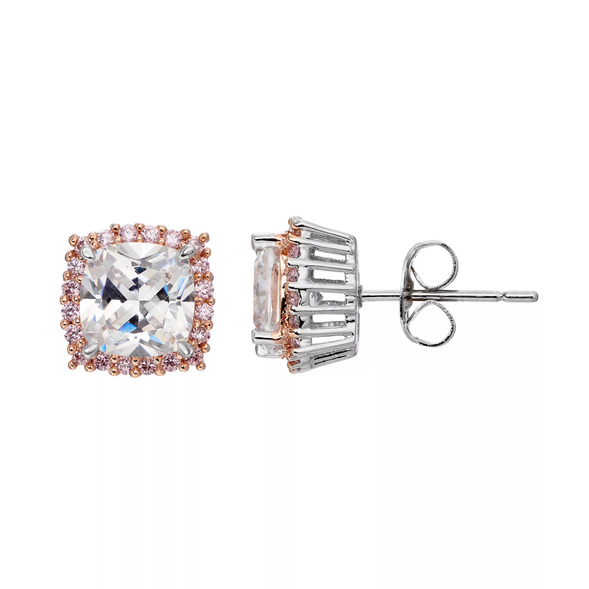 Lily & Lace Pink & White Cubic Zirconia Two Tone Square Halo Stud Earrings | Kohl's