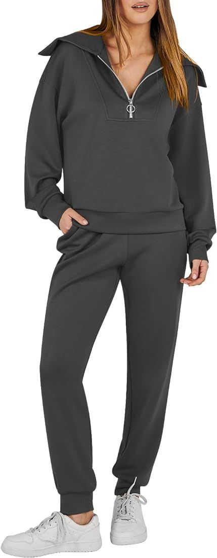 ANRABESS Women 2 Piece Outfits Sweatsuit Set Fall Fashion Half Zip Sweatshirt Jogger Sweatpants L... | Amazon (US)