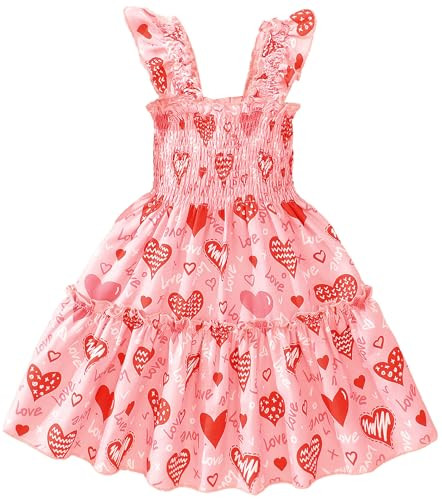 RETSUGO Little Girl Dresses Heart Print Flutter Sleeve Twirly Shirred Sundress Toddler Tiered Heart Dress Valentines Day Outfit for Kids 3-4 Years | Amazon (US)