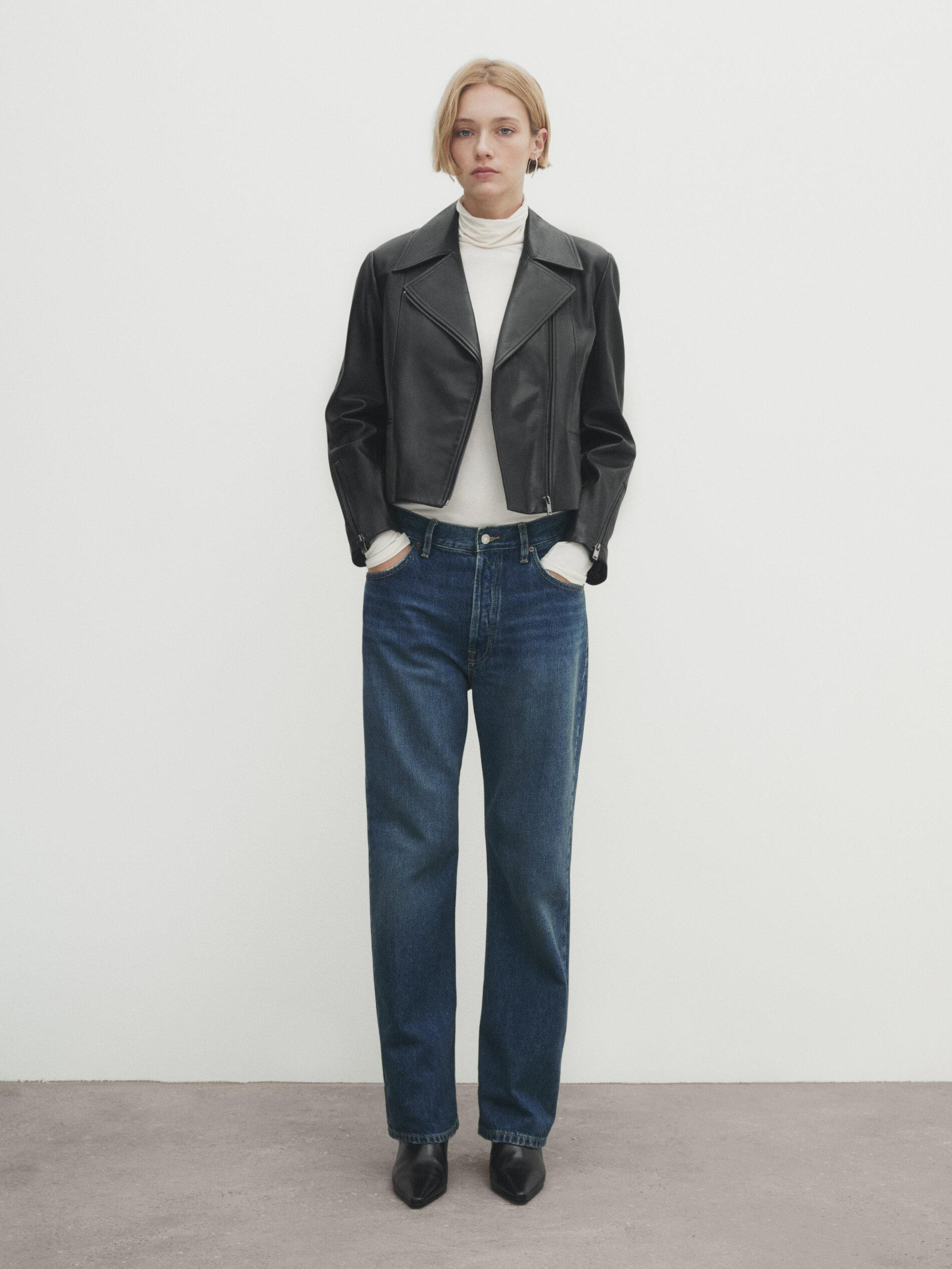 Black leather biker jacket | Massimo Dutti US