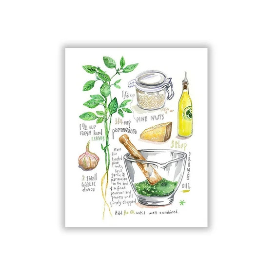 Basil pesto recipe print, Italian kitchen art, Watercolor painting, Green dining room decor, Ital... | Etsy (US)