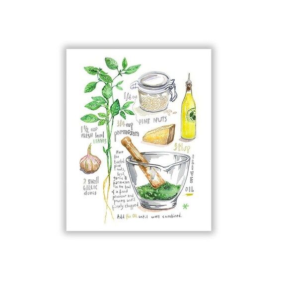Basil pesto recipe print, Italian kitchen art, Watercolor painting, Green dining room decor, Ital... | Etsy (US)