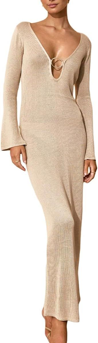 Juakoso Women Ribbed Knit Maxi Dress Sexy Backless Long Sleeve Bodycon Long Dress Slim Flit Flowy... | Amazon (US)