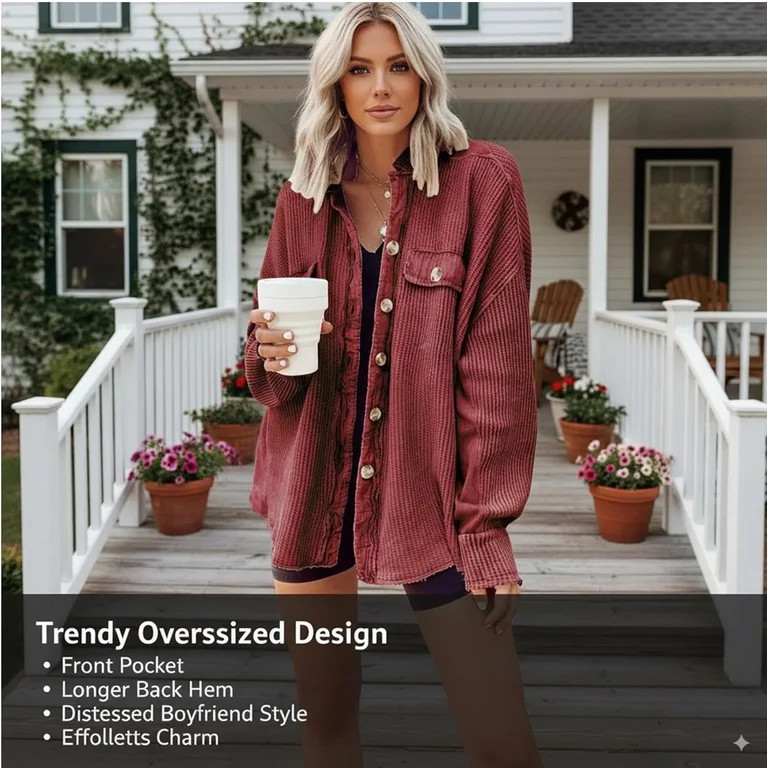 affle Shacket Women, Oversized Button Down Waffle Knit Jacket, Long Sleeve Casual Shirt Shacket f... | Walmart (US)