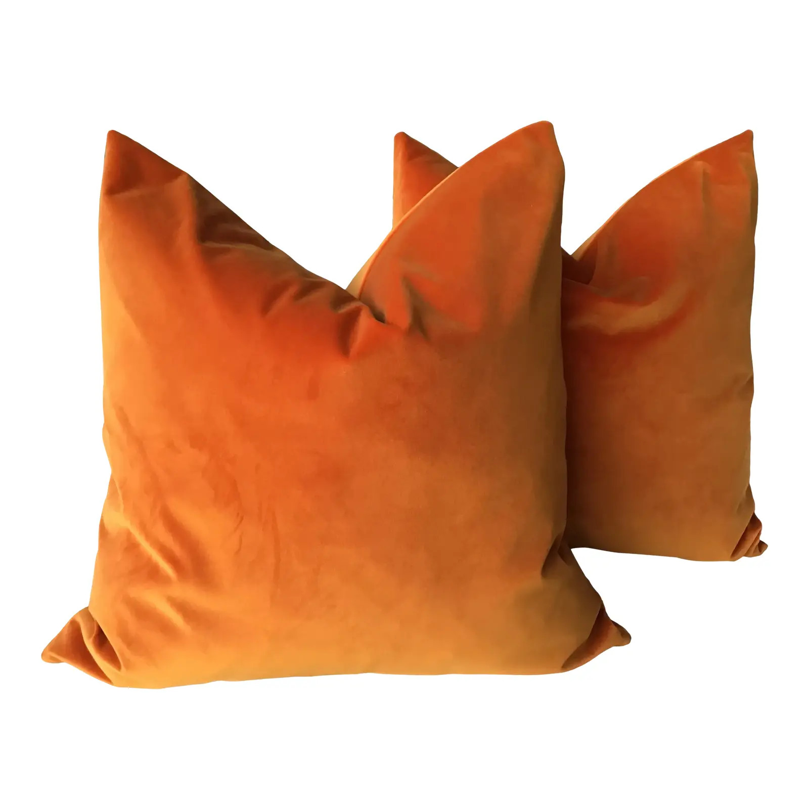 Tangerine Orange Velvet Plush Down Filled Pillows - a Pair, 21” | Chairish