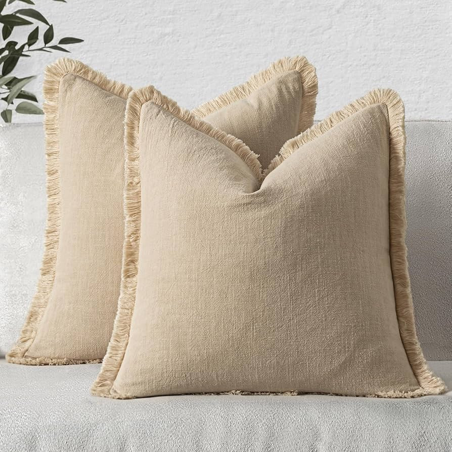 MIULEE Boho Linen Fringe Decorative Throw Pillow Covers Beige 20x20 | Amazon (US)