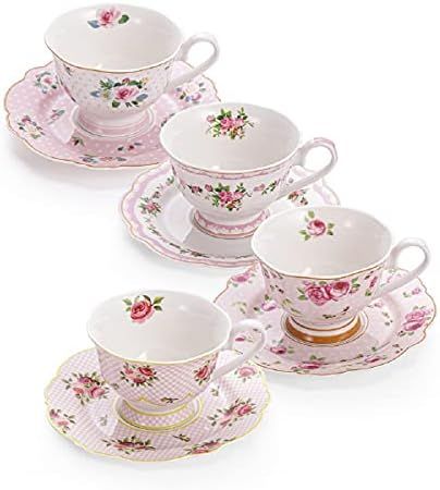 PULCHRITUDIE Porcelain Teacup and Saucer Set Pink Color Rose Floral Design, Set of Four | Amazon (US)